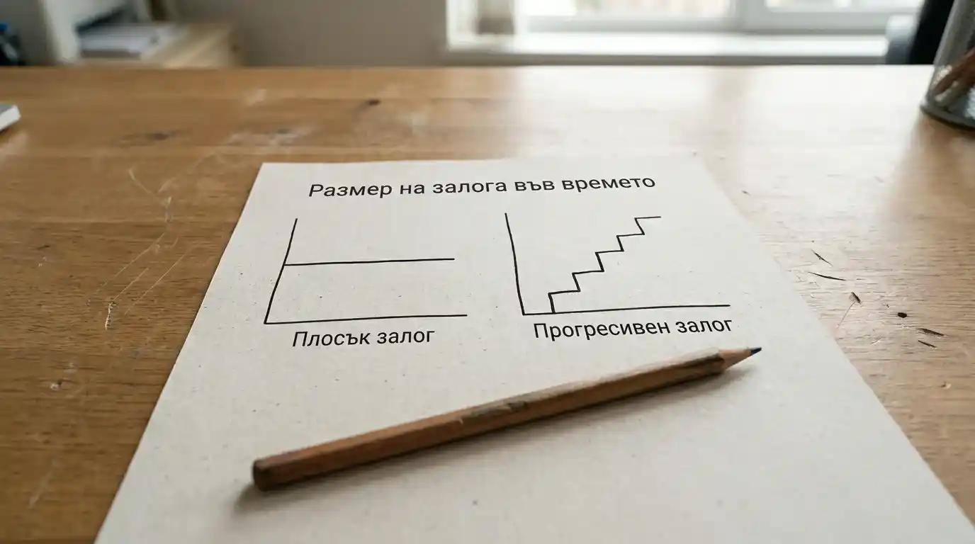 Двойна схема, която сравнява плосък залог и прогресивен размер на залога
