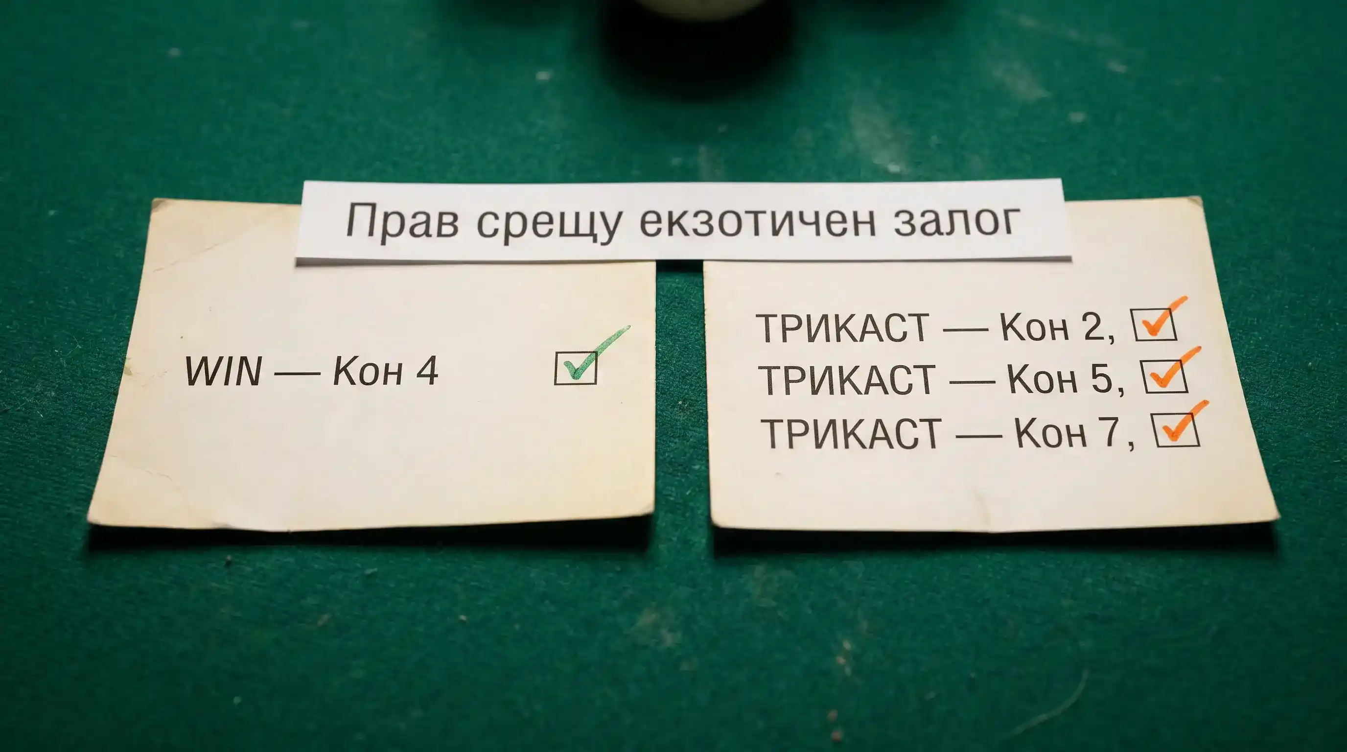 Двойна сцена с прав win залог и комбиниран екзотичен залог за виртуални коне