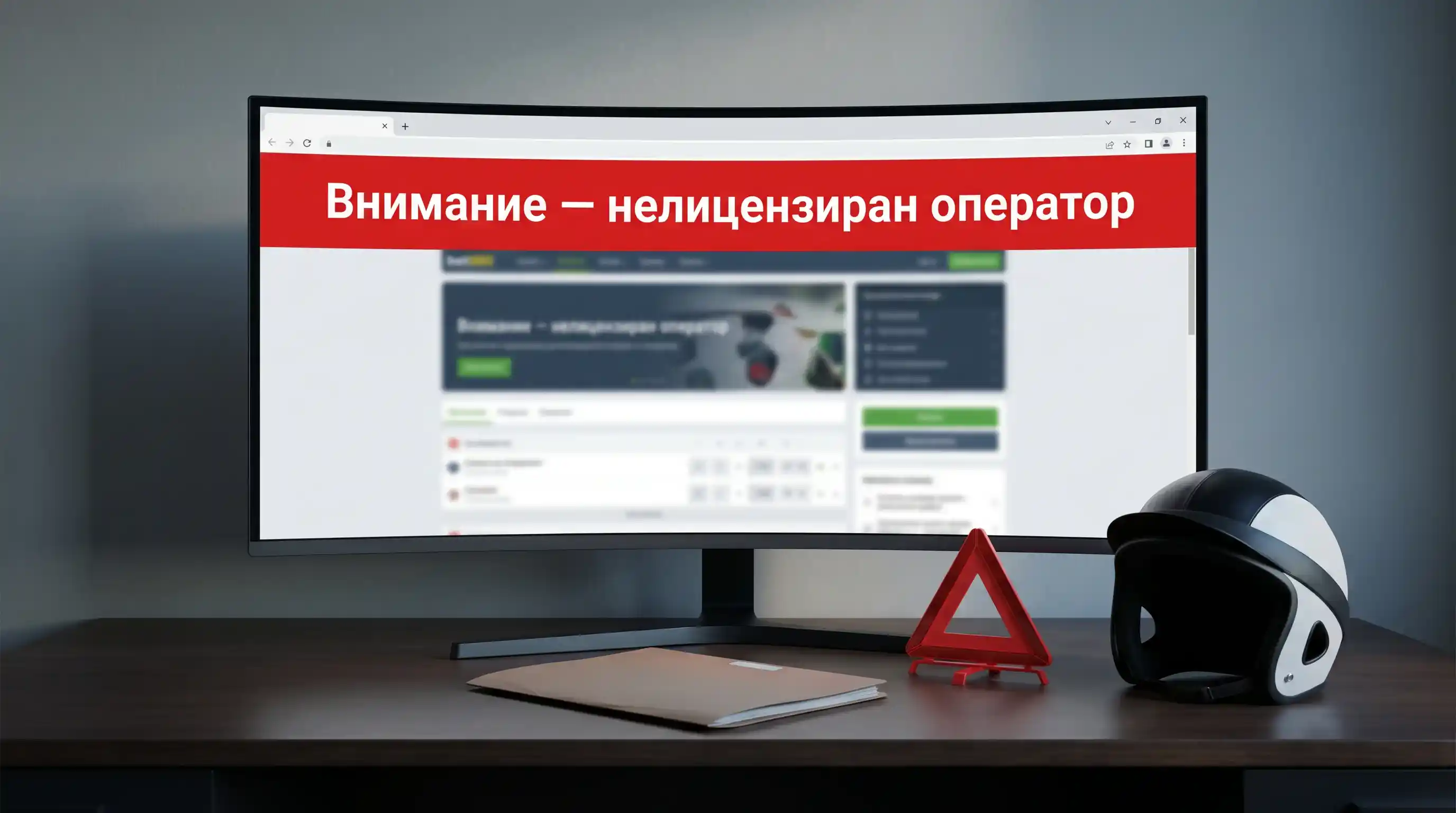 Предупредителен знак върху браузерен прозорец с нелицензиран сайт за залози